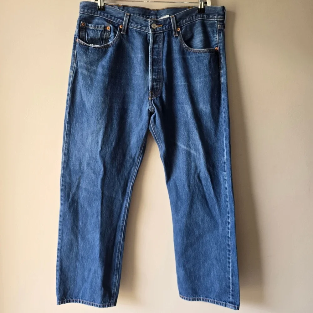 Levis 501 Mens Blue Medium‎ Wash Straight Leg Button Fly Denim Jeans 38x31